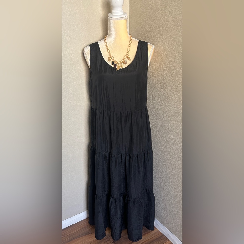 Eileen Fisher 100% silk Black Tiered Midi Dress size XSP